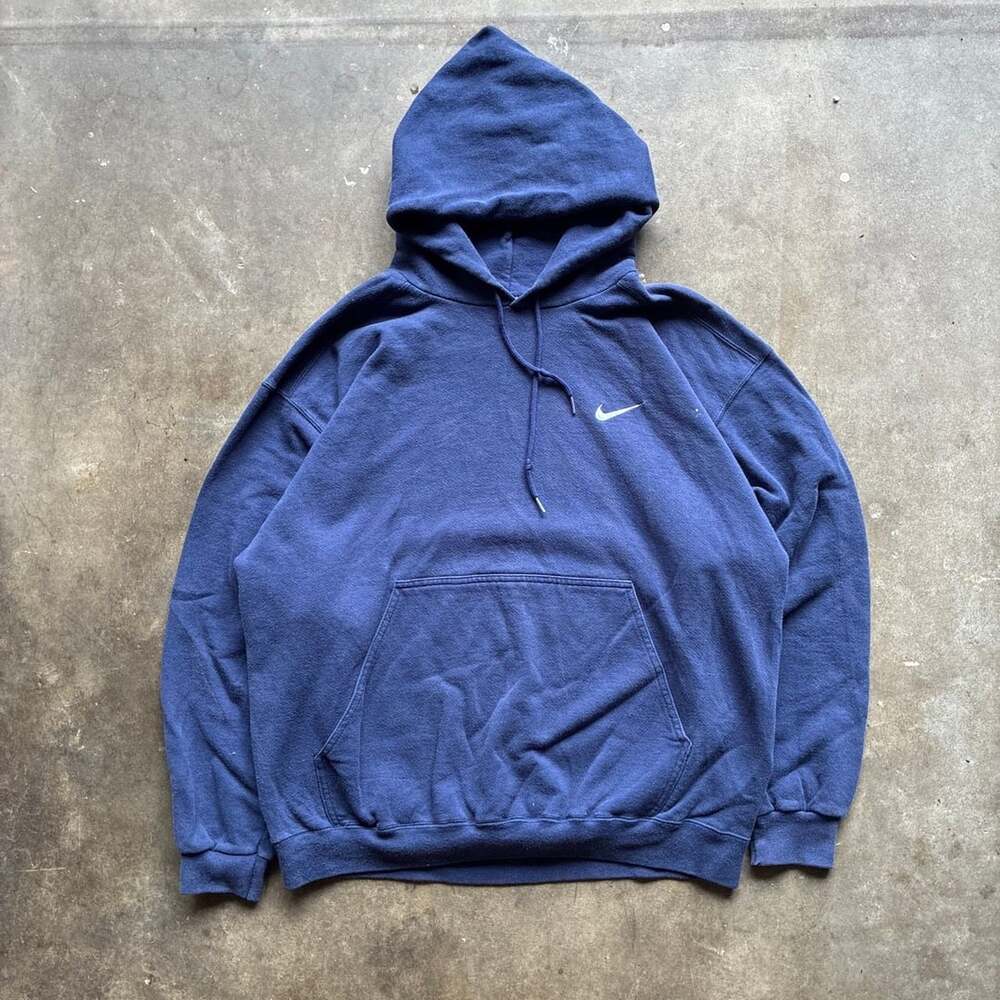 Vintage 90s Nike Blue Embroidered Mini Swoosh Hoodie Made in USA